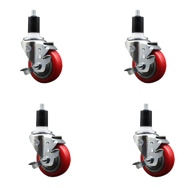 Service Caster 3.5'' Red Poly Swivel 1-1/2'' Expanding Stem Caster Set with Brake, 4PK SCC-EX20S3514-PPUB-RED-TLB-112-4 - main